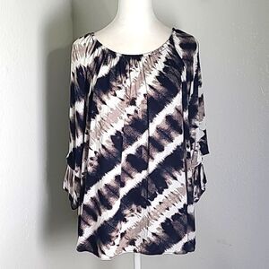 Cato Black, White & Tan Top with Wide Layered Ruffle Sleeves, Size 14/16W